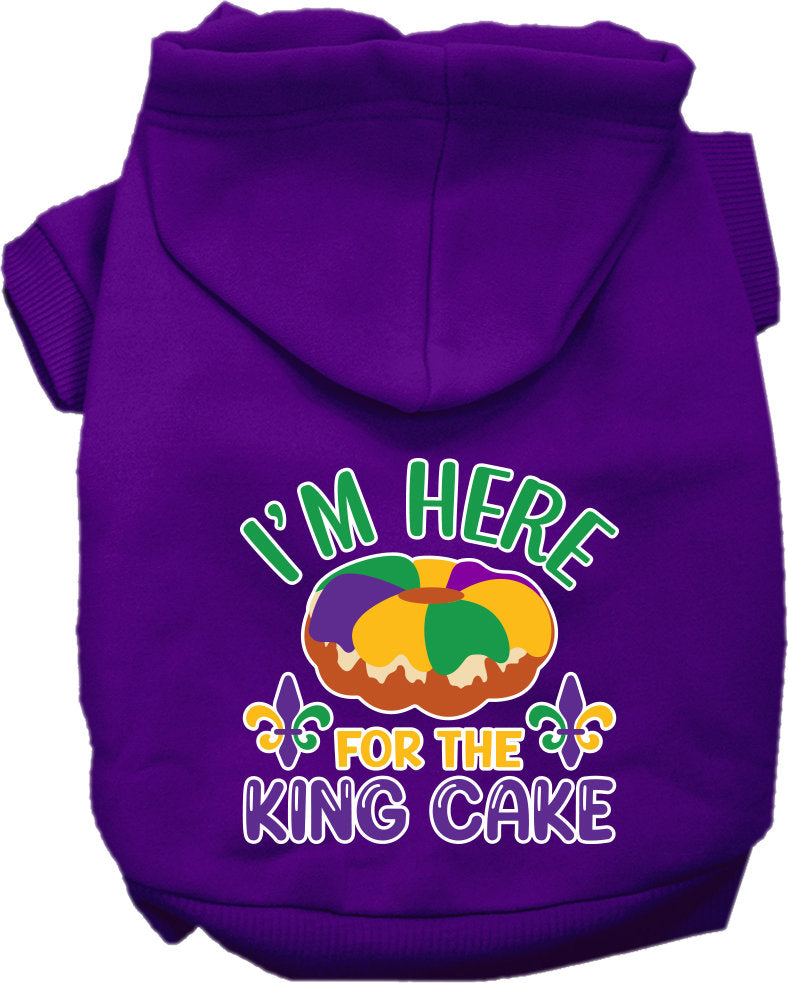 A cozy screen printed hoodie for medium to large pets featuring the phrase 'I'm Here For The King Cake', designed for comfort and durability.