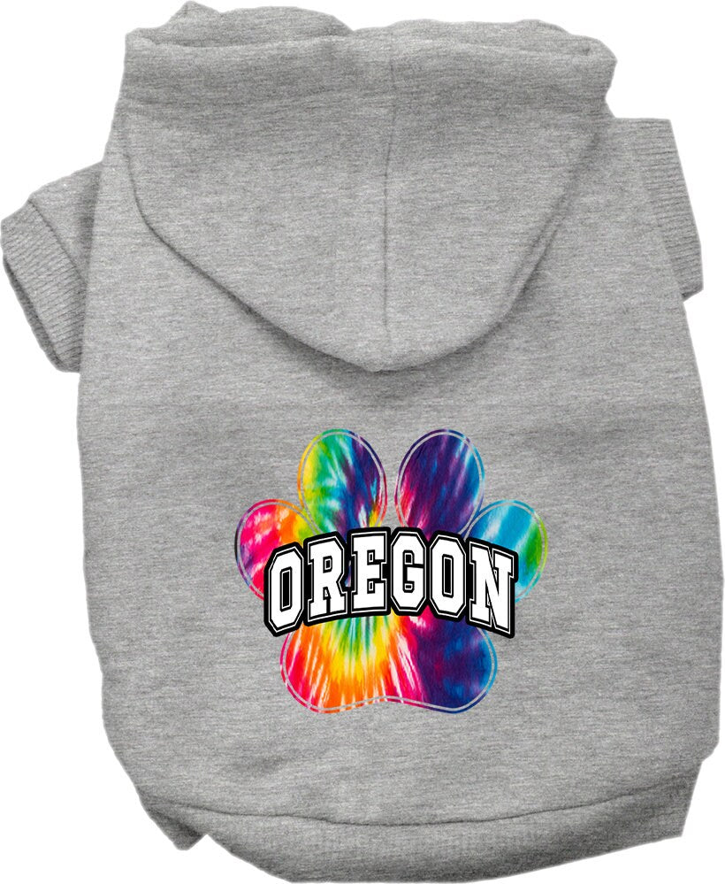 A vibrant Oregon Bright Tie Dye hoodie designed for medium to large dogs and cats, showcasing its soft fabric and convenient leash access hole.