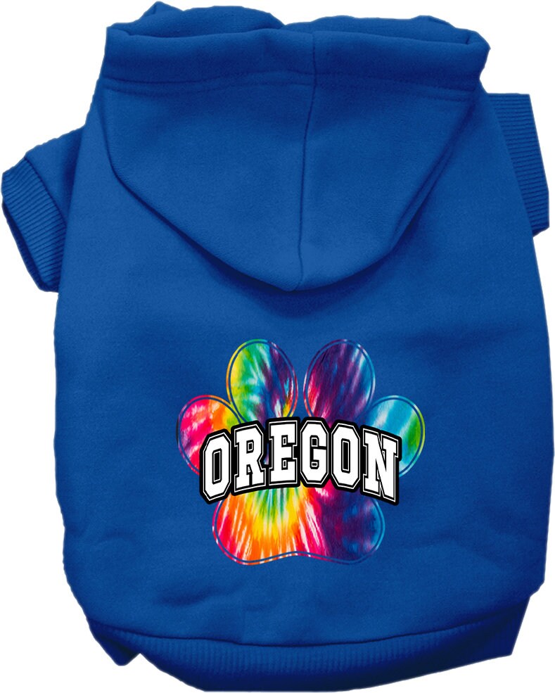 A vibrant Oregon Bright Tie Dye hoodie designed for medium to large dogs and cats, showcasing its soft fabric and convenient leash access hole.