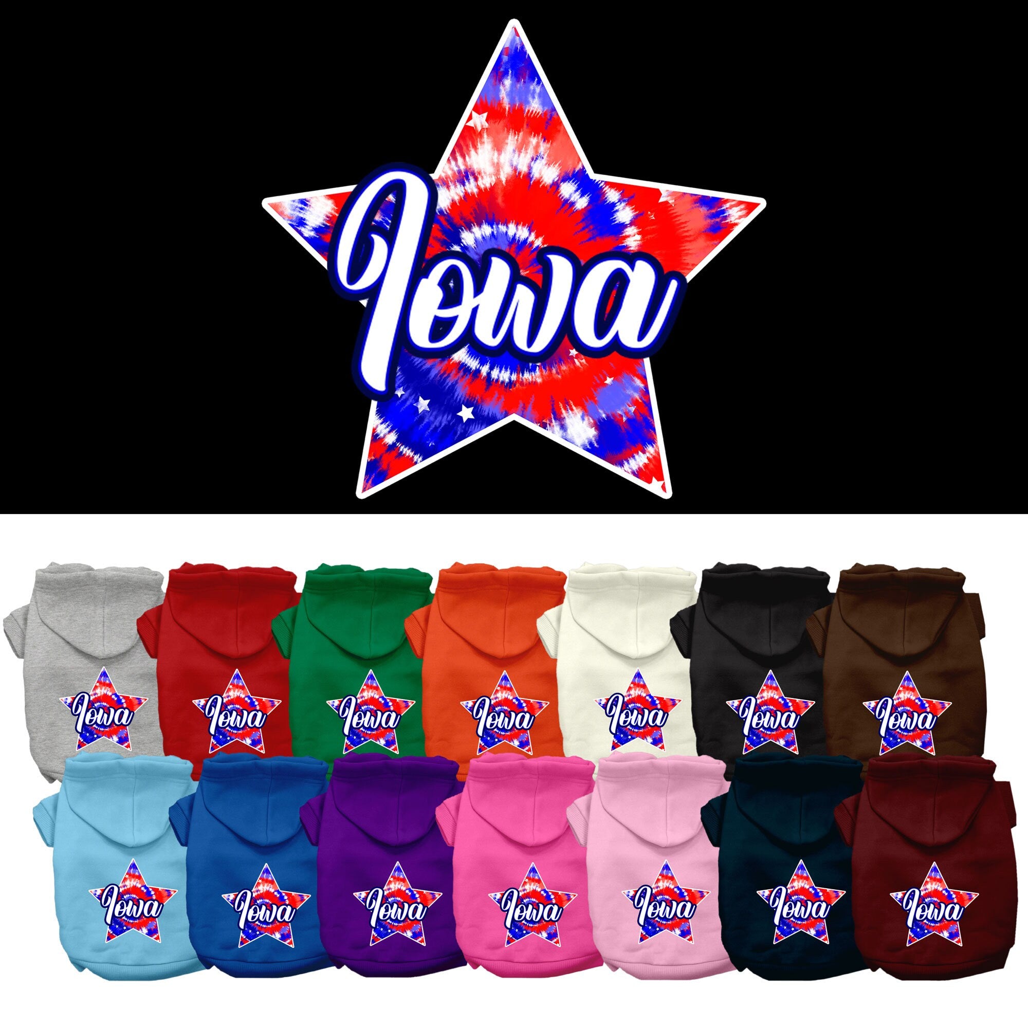A medium to large pet wearing a stylish Iowa Patriotic Tie Dye hoodie, showcasing its vibrant colors and comfortable fit.