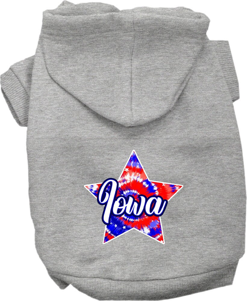 A medium to large pet wearing a stylish Iowa Patriotic Tie Dye hoodie, showcasing its vibrant colors and comfortable fit.