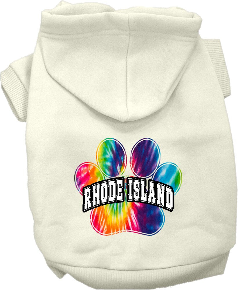 A vibrant tie-dye hoodie for medium to large dogs and cats, showcasing a colorful Rhode Island Bright Tie Dye pattern, designed for comfort and style.