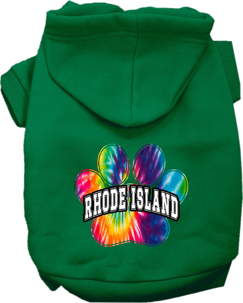 A vibrant tie-dye hoodie for medium to large dogs and cats, showcasing a colorful Rhode Island Bright Tie Dye pattern, designed for comfort and style.