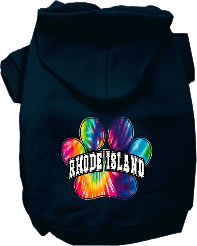 A vibrant tie-dye hoodie for medium to large dogs and cats, showcasing a colorful Rhode Island Bright Tie Dye pattern, designed for comfort and style.