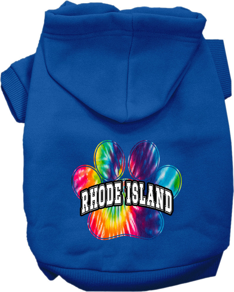A vibrant tie-dye hoodie for medium to large dogs and cats, showcasing a colorful Rhode Island Bright Tie Dye pattern, designed for comfort and style.