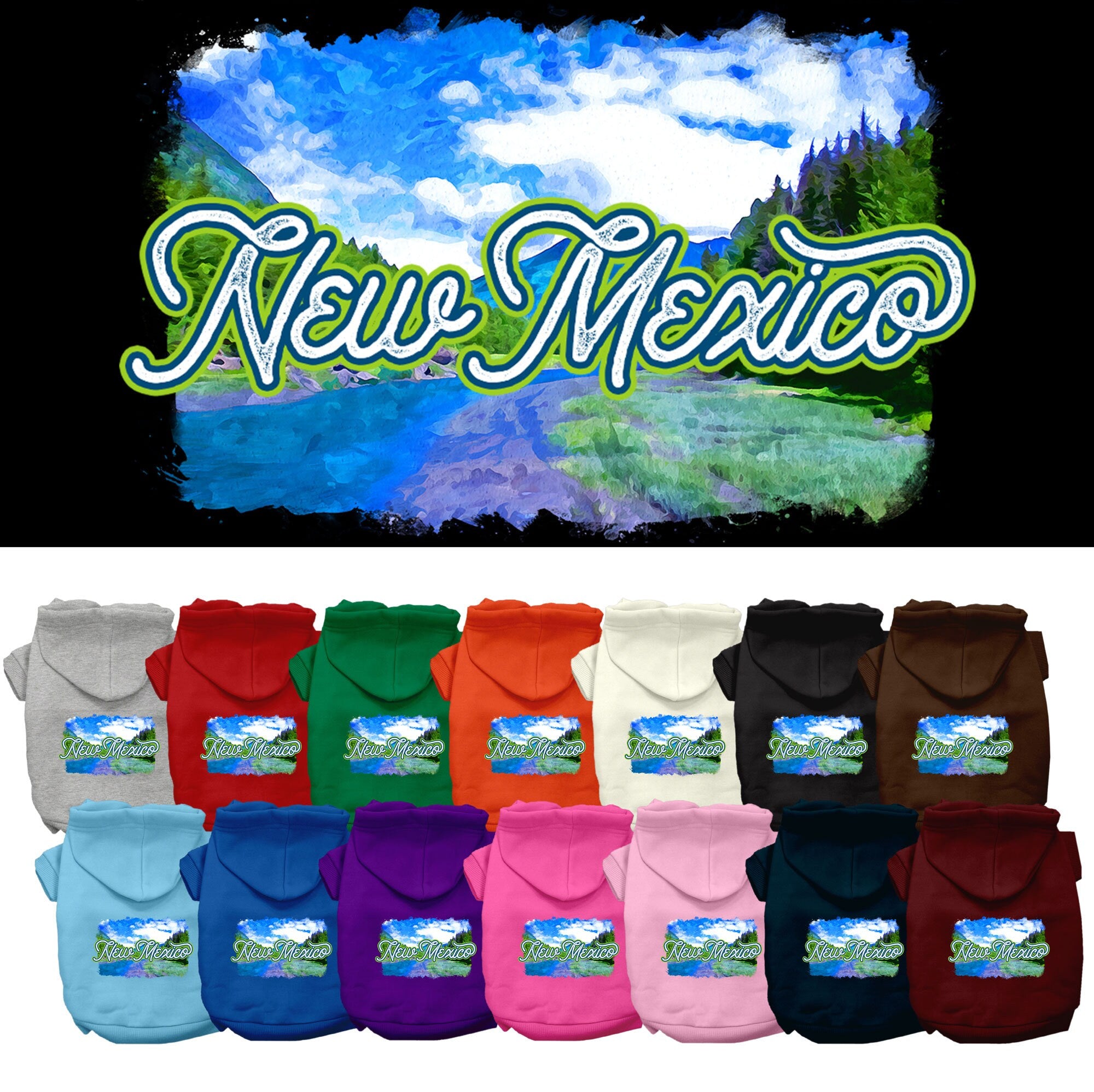 A medium to large pet wearing a soft, warm screen printed hoodie with a New Mexico Summer design, showcasing its stylish and durable features.