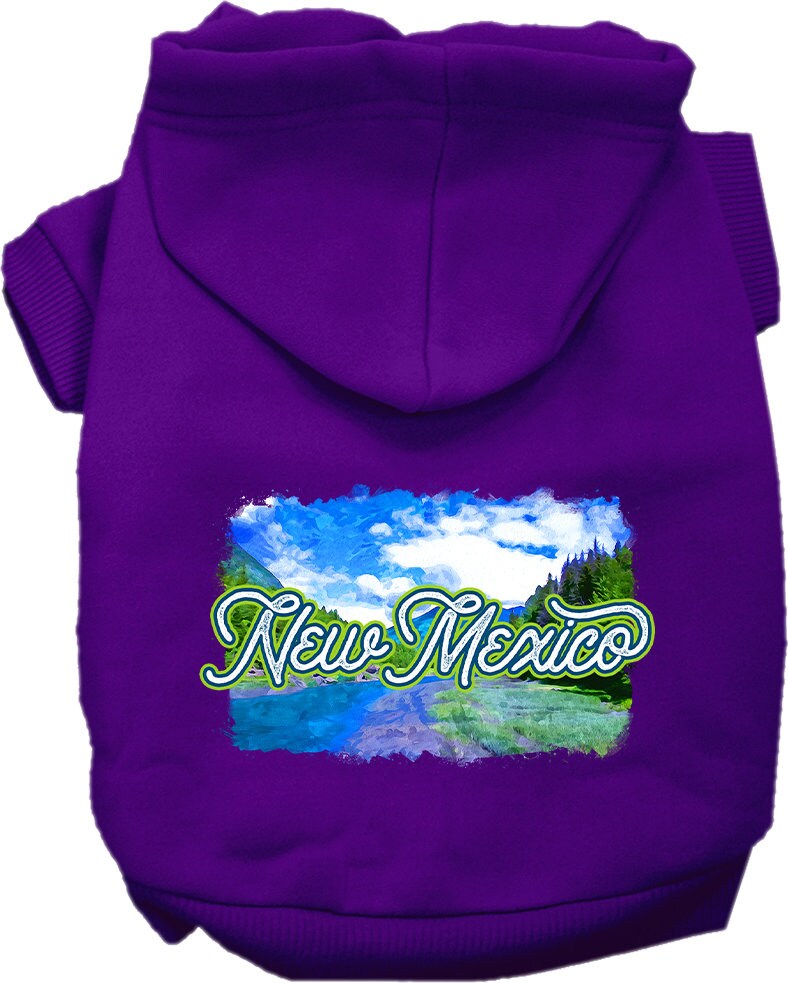 A medium to large pet wearing a soft, warm screen printed hoodie with a New Mexico Summer design, showcasing its stylish and durable features.