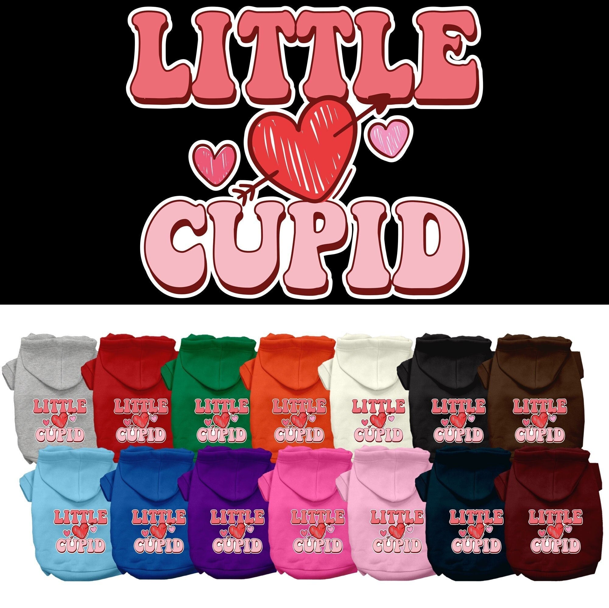A cozy screen printed hoodie for medium to large pets, featuring a cute 'Little Cupid' design, made from soft cotton and polyester blend.
