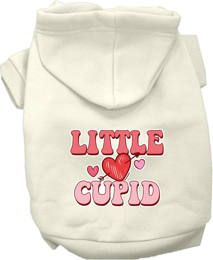 A cozy screen printed hoodie for medium to large pets, featuring a cute 'Little Cupid' design, made from soft cotton and polyester blend.