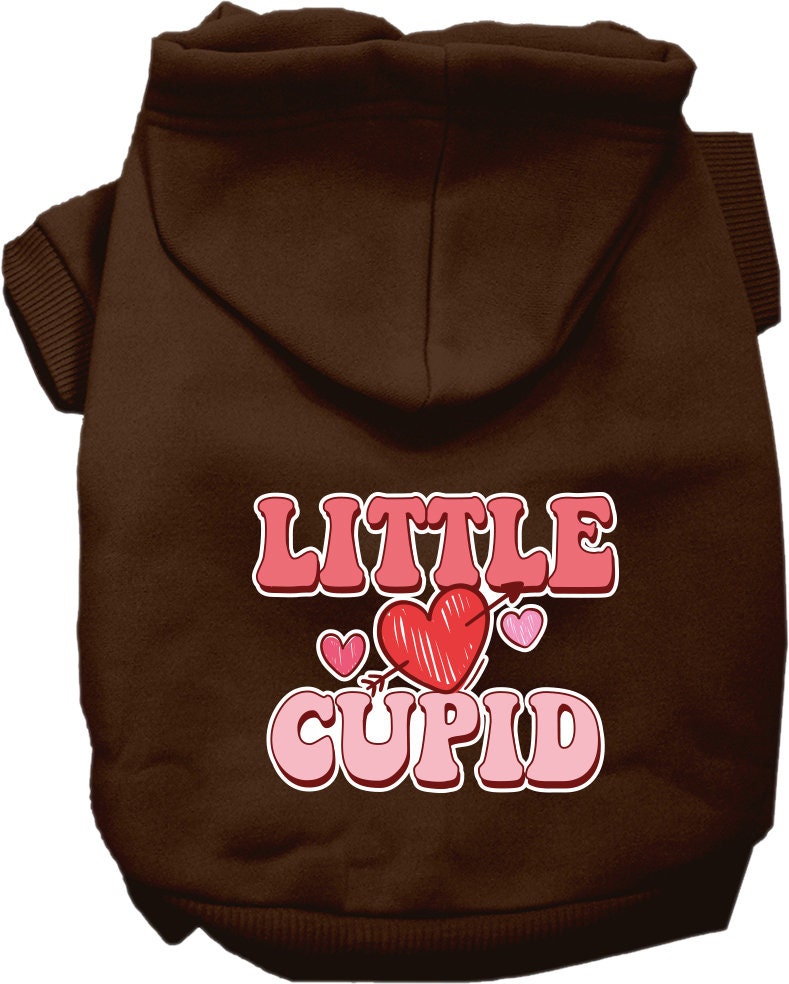 A cozy screen printed hoodie for medium to large pets, featuring a cute 'Little Cupid' design, made from soft cotton and polyester blend.