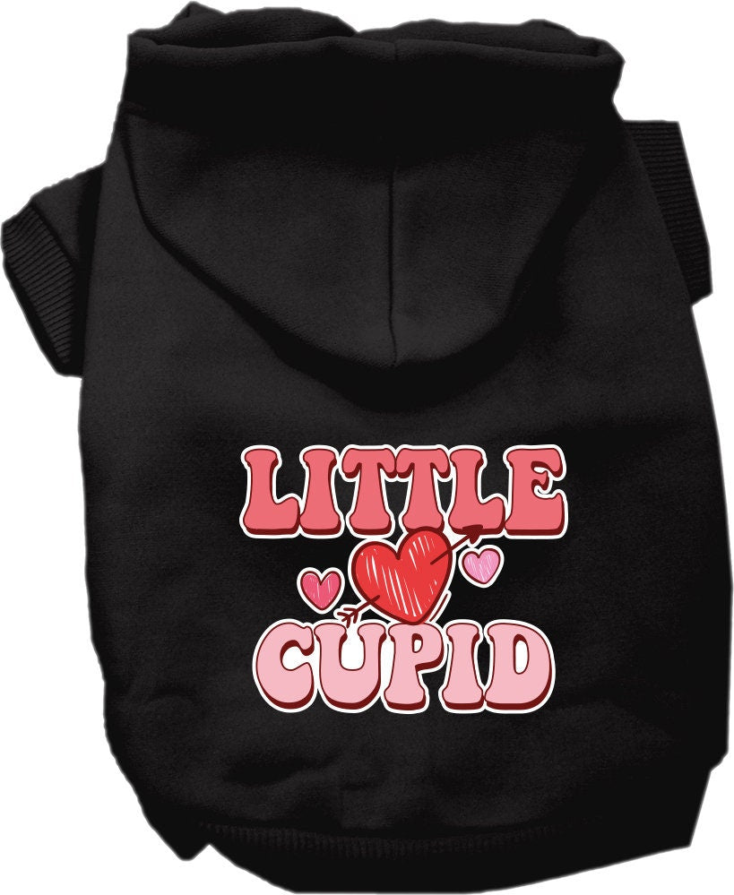 A cozy screen printed hoodie for medium to large pets, featuring a cute 'Little Cupid' design, made from soft cotton and polyester blend.