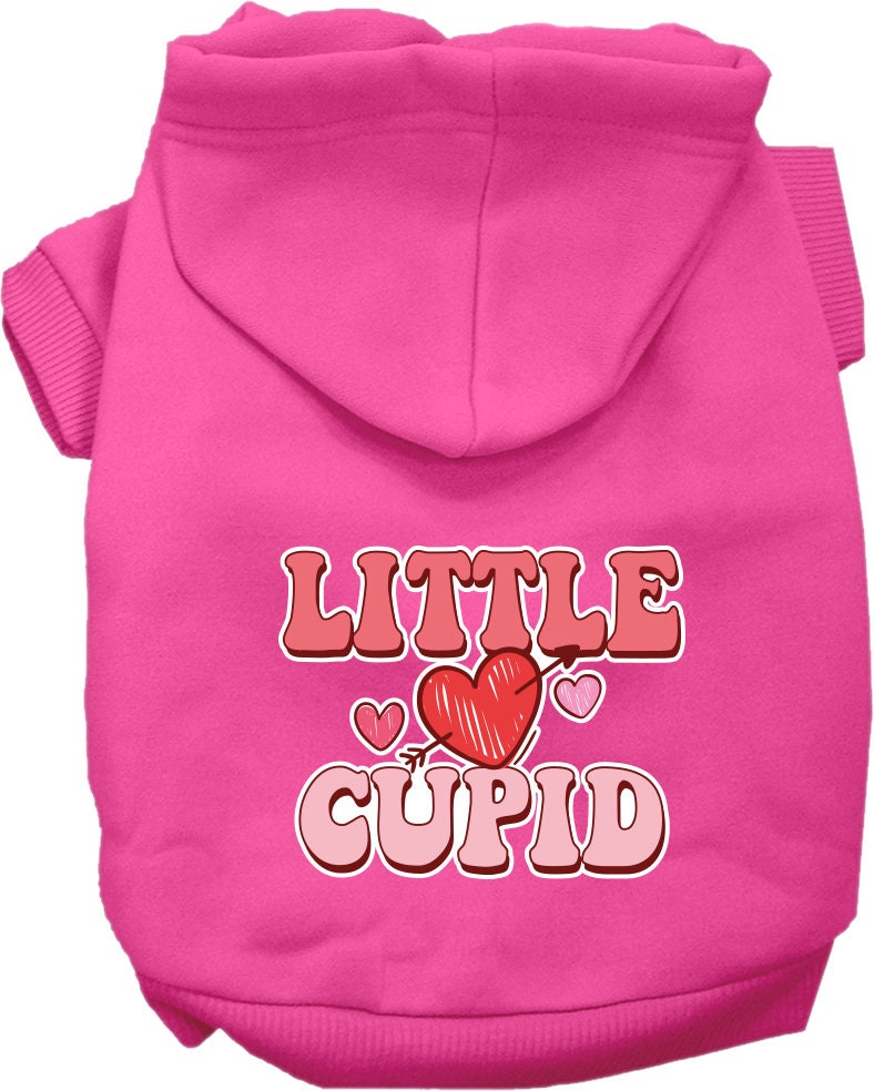 A cozy screen printed hoodie for medium to large pets, featuring a cute 'Little Cupid' design, made from soft cotton and polyester blend.