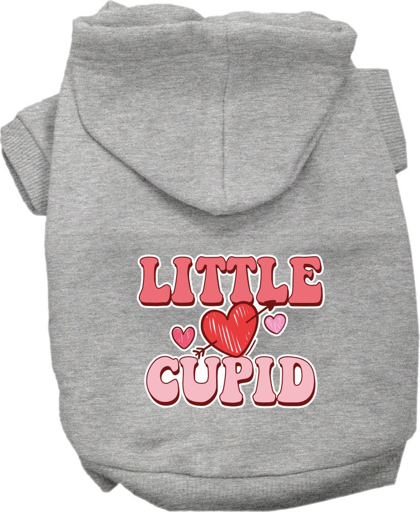 A cozy screen printed hoodie for medium to large pets, featuring a cute 'Little Cupid' design, made from soft cotton and polyester blend.