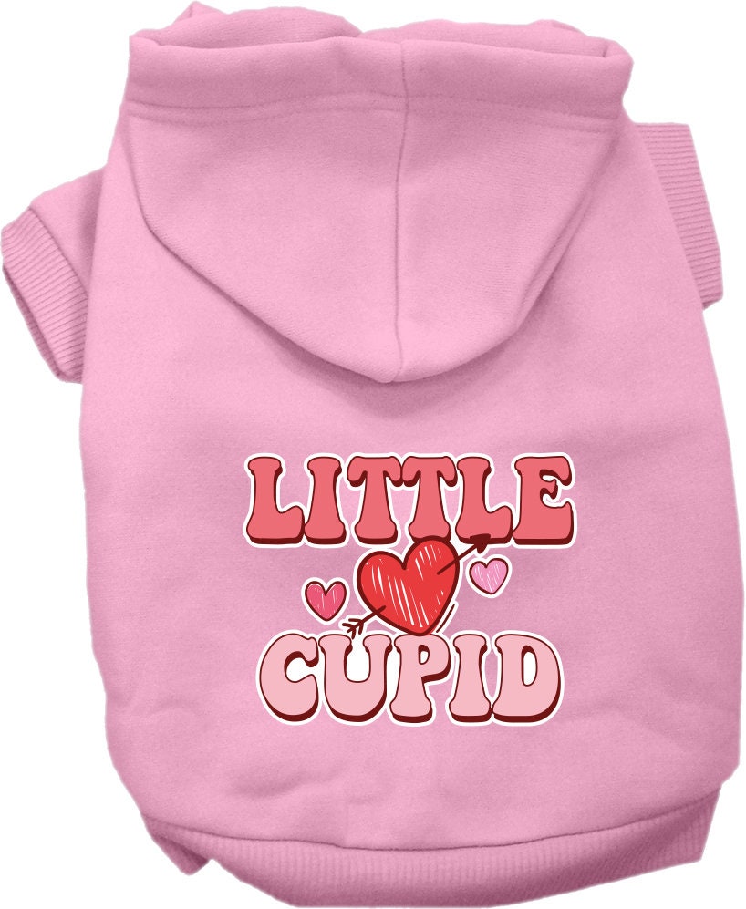 A cozy screen printed hoodie for medium to large pets, featuring a cute 'Little Cupid' design, made from soft cotton and polyester blend.