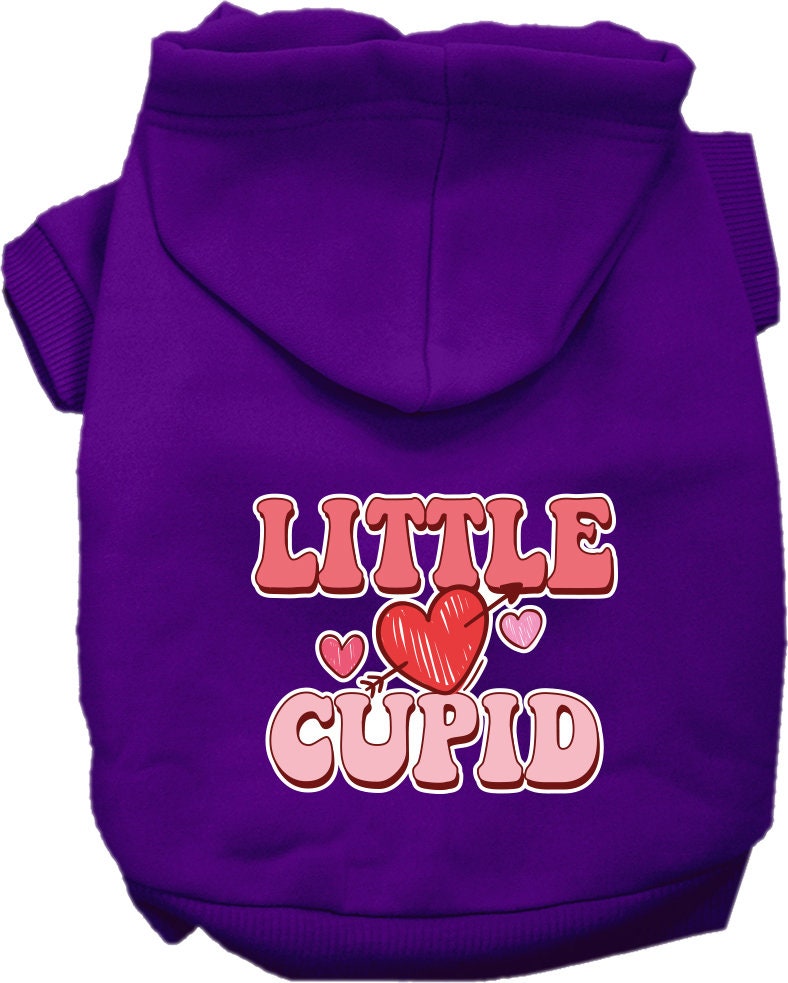 A cozy screen printed hoodie for medium to large pets, featuring a cute 'Little Cupid' design, made from soft cotton and polyester blend.