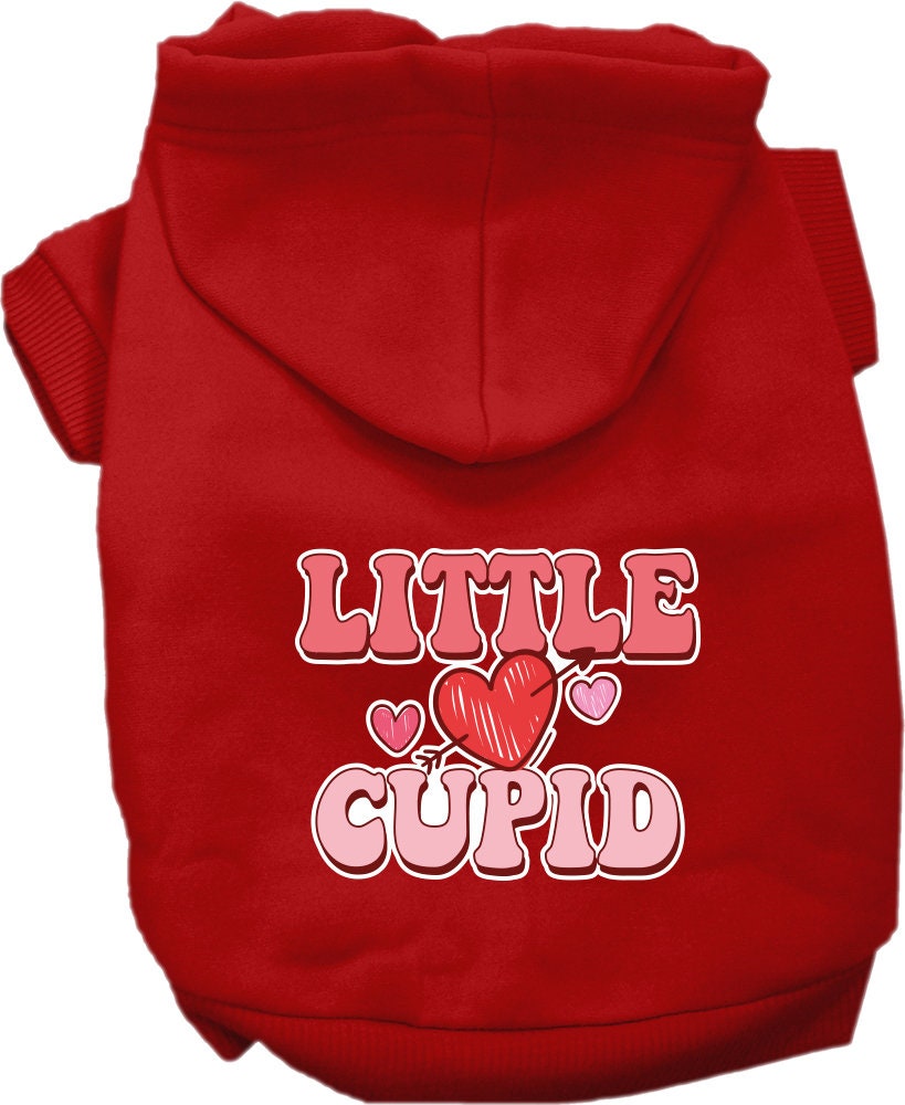 A cozy screen printed hoodie for medium to large pets, featuring a cute 'Little Cupid' design, made from soft cotton and polyester blend.