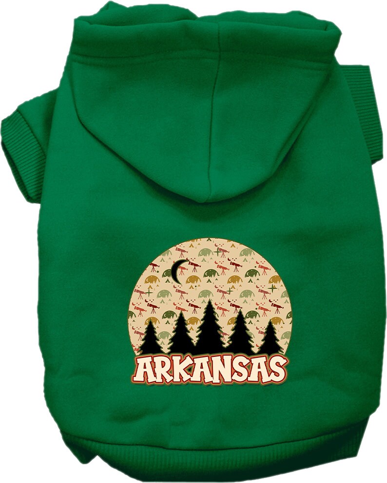 A cozy screen printed hoodie for medium to large pets, featuring a stylish Arkansas Under The Stars design, perfect for chilly weather.