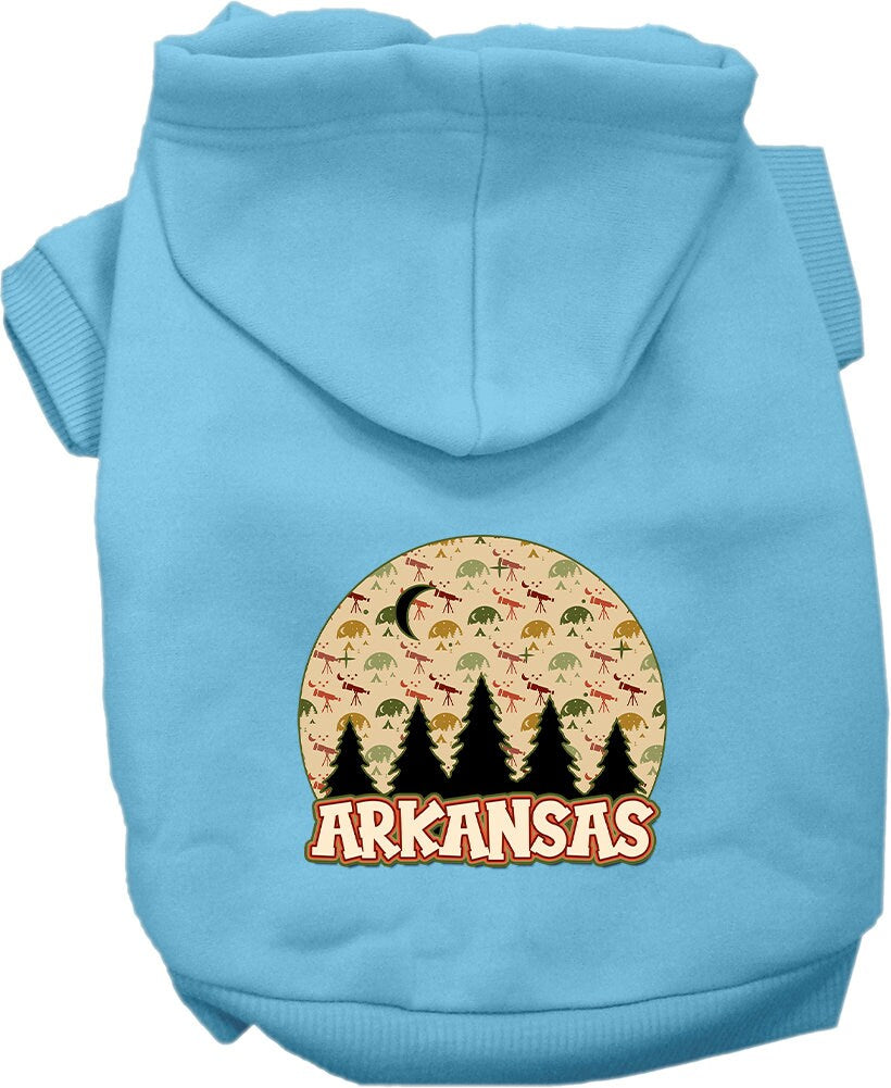 A cozy screen printed hoodie for medium to large pets, featuring a stylish Arkansas Under The Stars design, perfect for chilly weather.