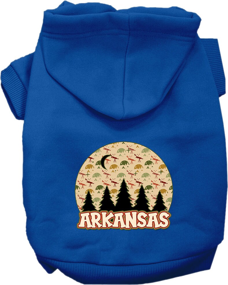 A cozy screen printed hoodie for medium to large pets, featuring a stylish Arkansas Under The Stars design, perfect for chilly weather.