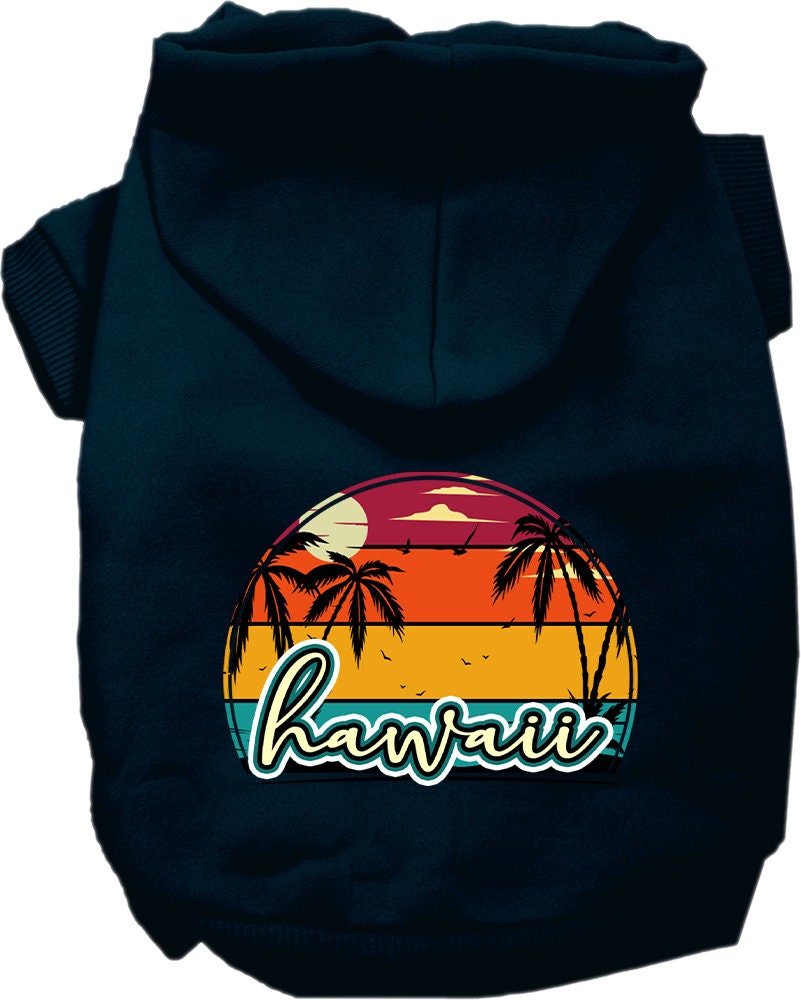 A medium to large pet wearing a stylish screen printed hoodie featuring a Hawaii Retro Beach Sunset design, showcasing its soft fabric and convenient leash access.