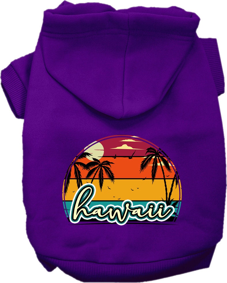A medium to large pet wearing a stylish screen printed hoodie featuring a Hawaii Retro Beach Sunset design, showcasing its soft fabric and convenient leash access.