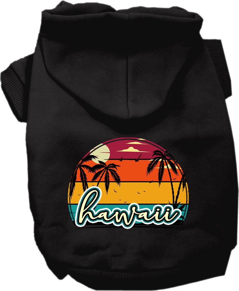 A medium to large pet wearing a stylish screen printed hoodie featuring a Hawaii Retro Beach Sunset design, showcasing its soft fabric and convenient leash access.