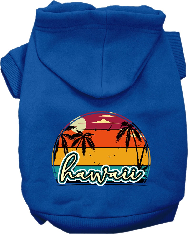 A medium to large pet wearing a stylish screen printed hoodie featuring a Hawaii Retro Beach Sunset design, showcasing its soft fabric and convenient leash access.