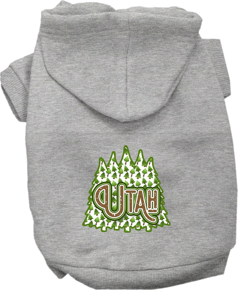 A cozy screen printed hoodie for medium to large pets featuring a Utah Woodland Trees design, showcasing its soft fabric and durable stitching.