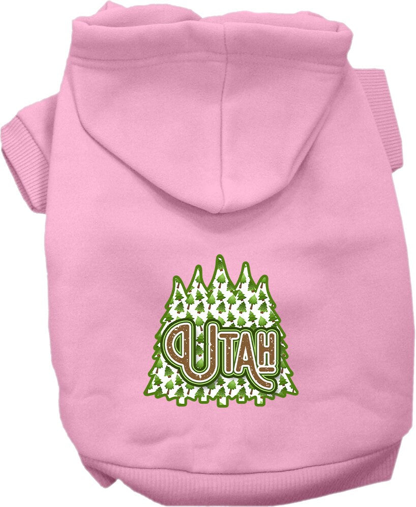 A cozy screen printed hoodie for medium to large pets featuring a Utah Woodland Trees design, showcasing its soft fabric and durable stitching.