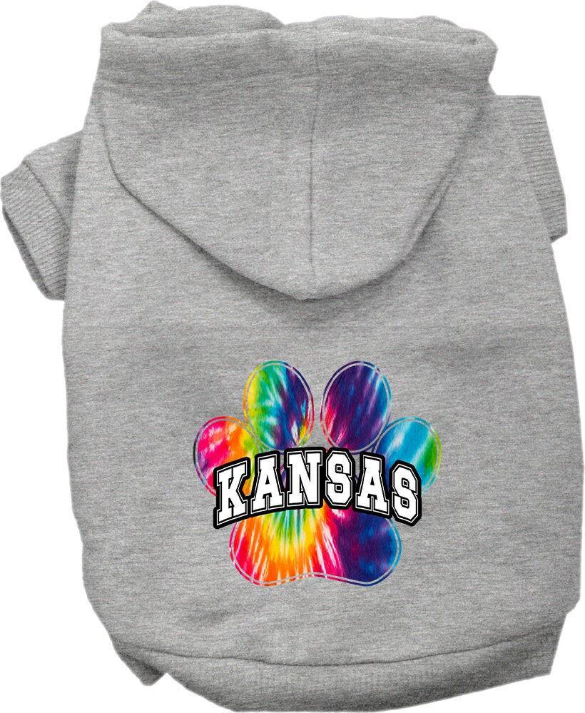 A vibrant Kansas Bright Tie Dye hoodie for medium to large dogs and cats, showcasing its soft fabric and convenient leash access hole.