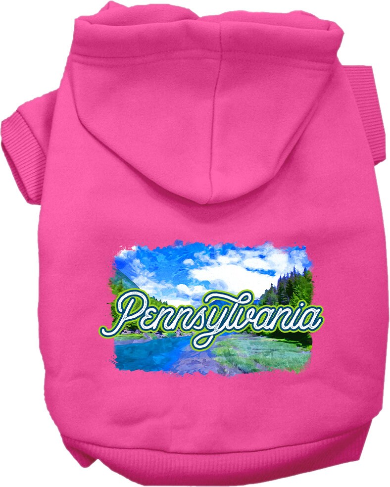 A cozy screen printed hoodie for medium to large pets, featuring a 'Pennsylvania Summer' design, perfect for stylish walks.