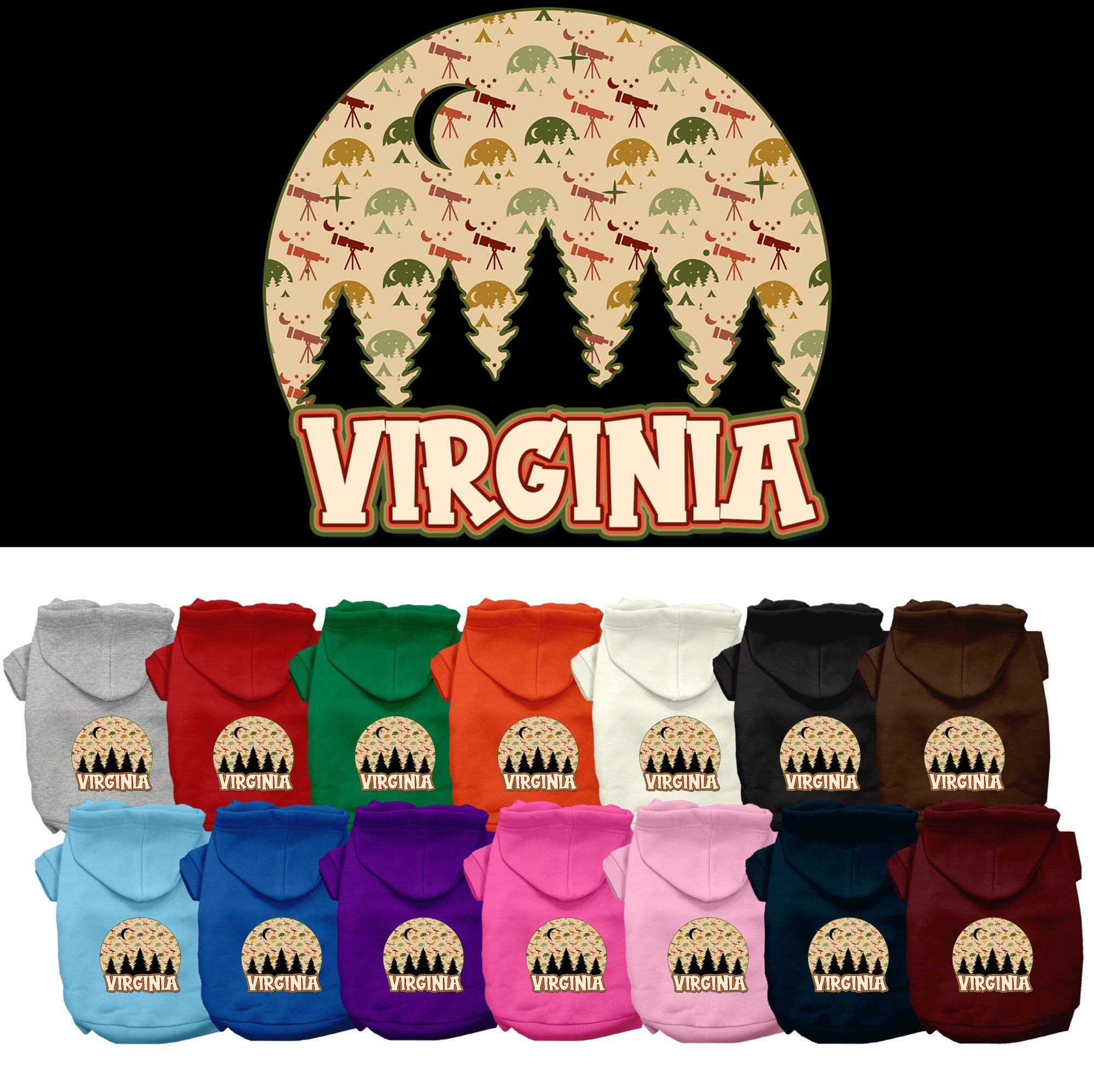 A cozy screen printed hoodie for medium to large pets, featuring a design called 'Virginia Under The Stars', showcasing its soft fabric and leash access hole.