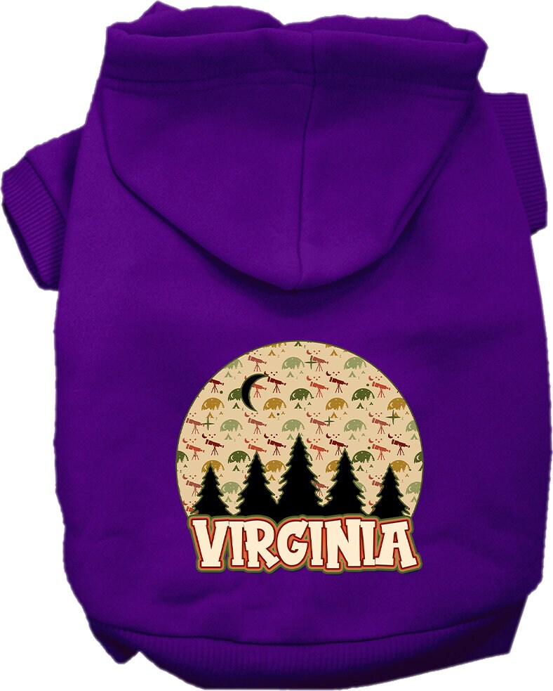 A cozy screen printed hoodie for medium to large pets, featuring a design called 'Virginia Under The Stars', showcasing its soft fabric and leash access hole.