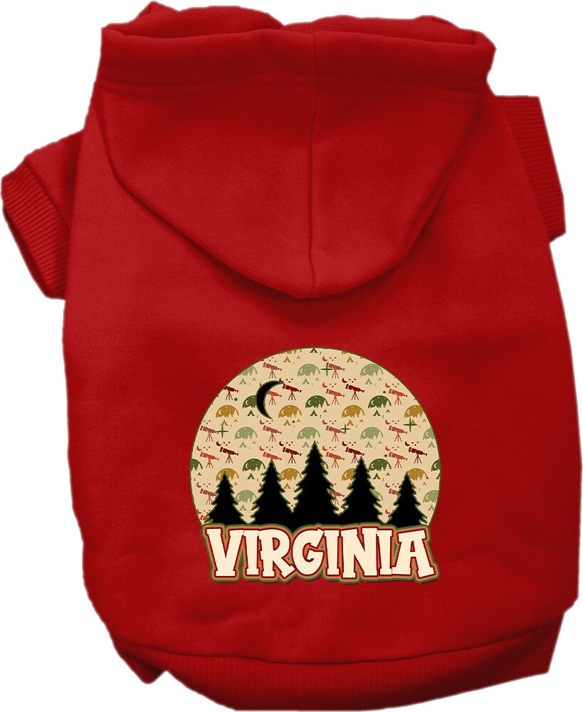 A cozy screen printed hoodie for medium to large pets, featuring a design called 'Virginia Under The Stars', showcasing its soft fabric and leash access hole.
