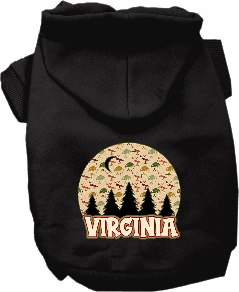 A cozy screen printed hoodie for medium to large pets, featuring a design called 'Virginia Under The Stars', showcasing its soft fabric and leash access hole.