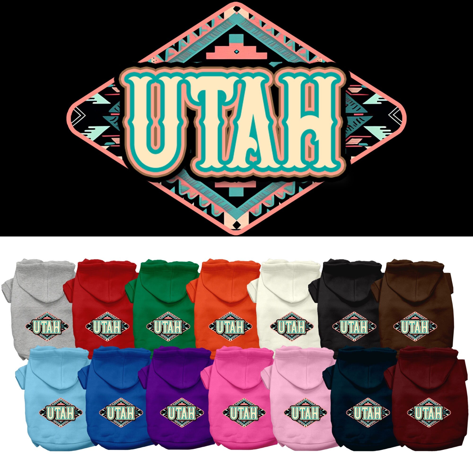 A medium to large pet wearing a soft, warm hoodie with a Utah Peach Aztec print, showcasing its stylish design and convenient leash access.