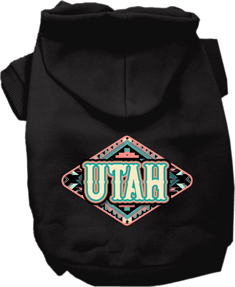 A medium to large pet wearing a soft, warm hoodie with a Utah Peach Aztec print, showcasing its stylish design and convenient leash access.