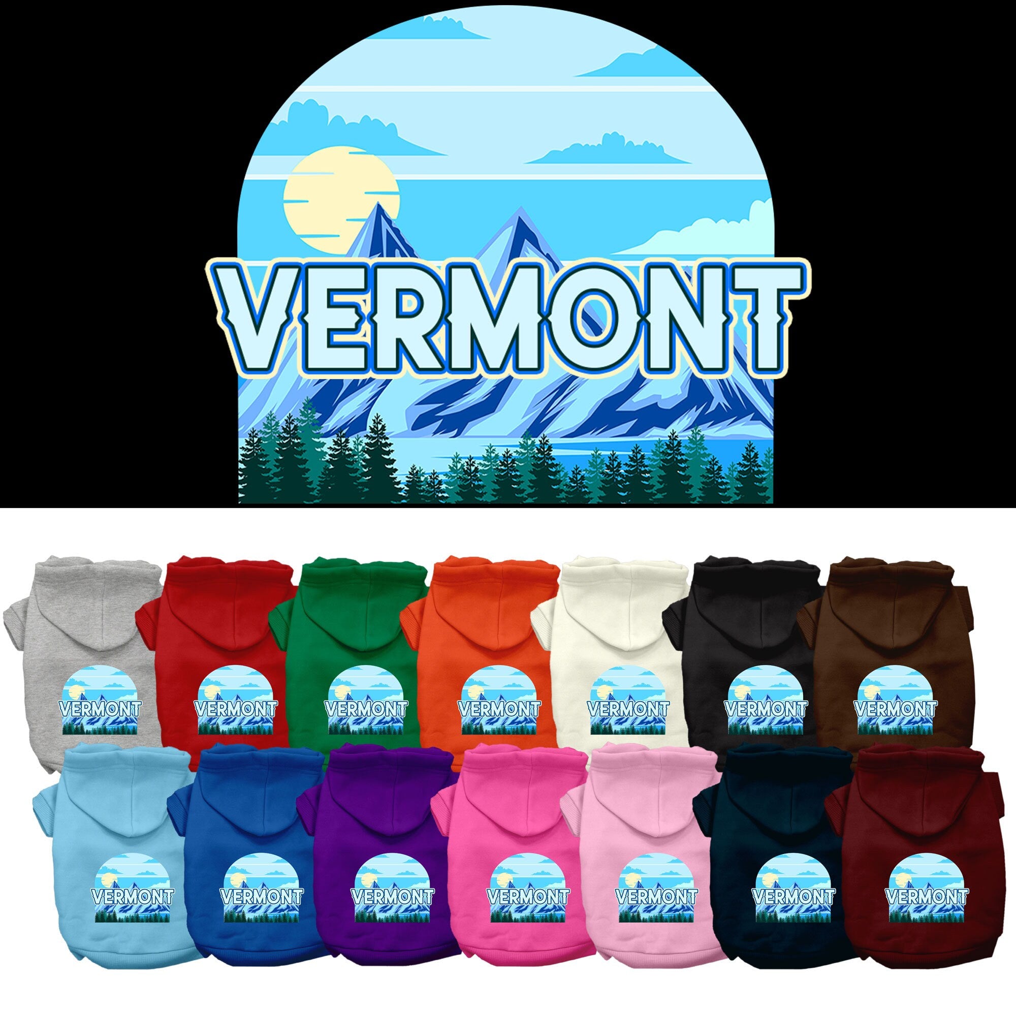 A cozy screen printed hoodie for medium to large pets, featuring the Vermont Trailblazer design, showcasing its soft fabric and durable stitching.