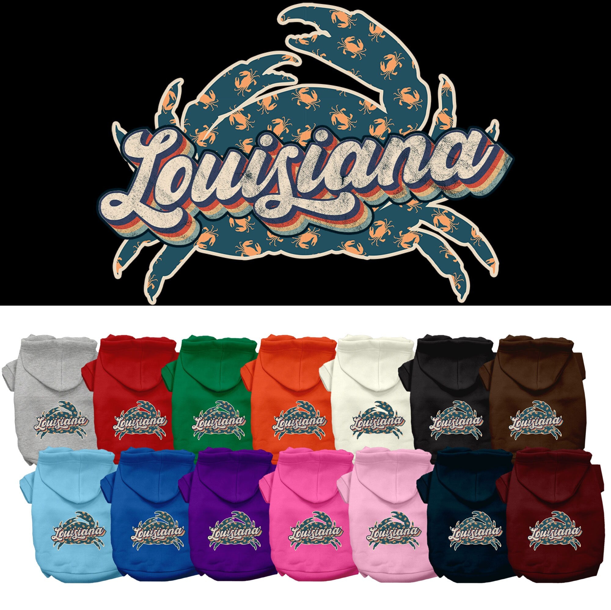 A medium to large pet wearing a soft, stylish hoodie featuring a Louisiana Retro Crabs design, perfect for walks and outdoor activities.