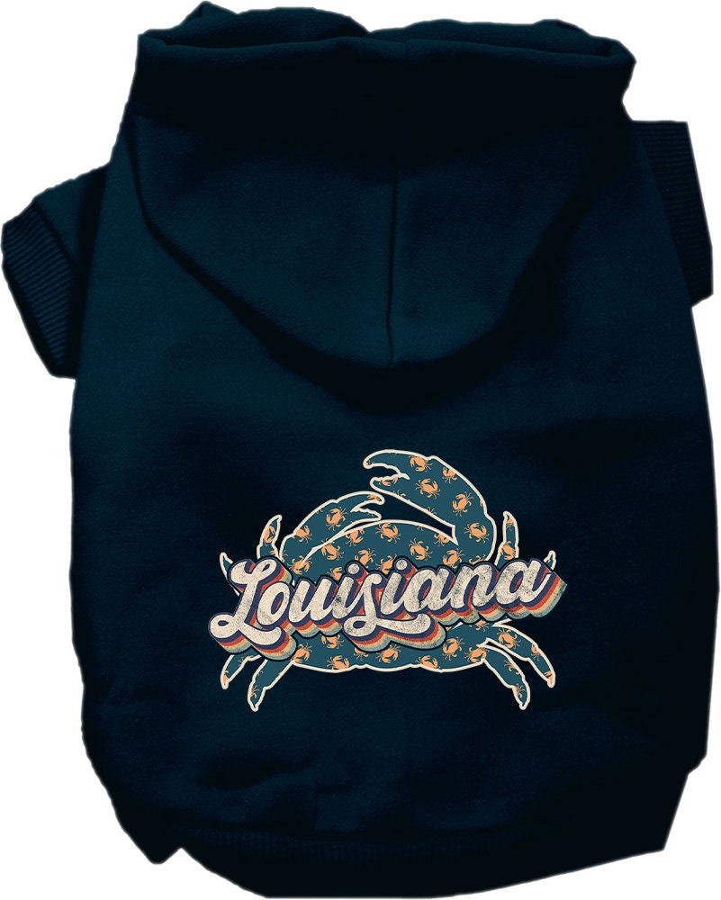 A medium to large pet wearing a soft, stylish hoodie featuring a Louisiana Retro Crabs design, perfect for walks and outdoor activities.