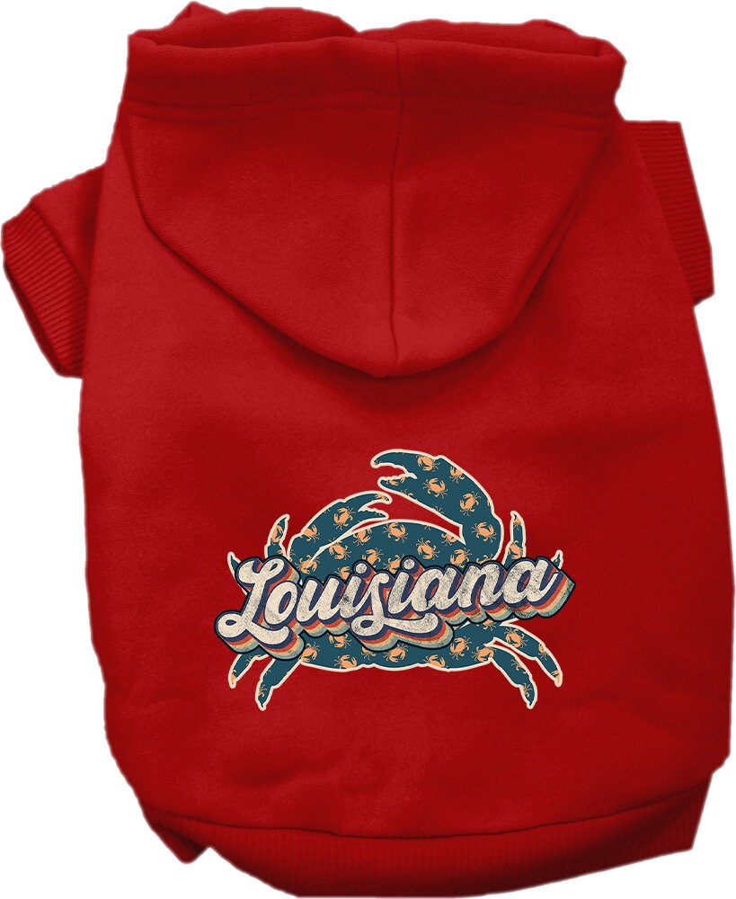 A medium to large pet wearing a soft, stylish hoodie featuring a Louisiana Retro Crabs design, perfect for walks and outdoor activities.