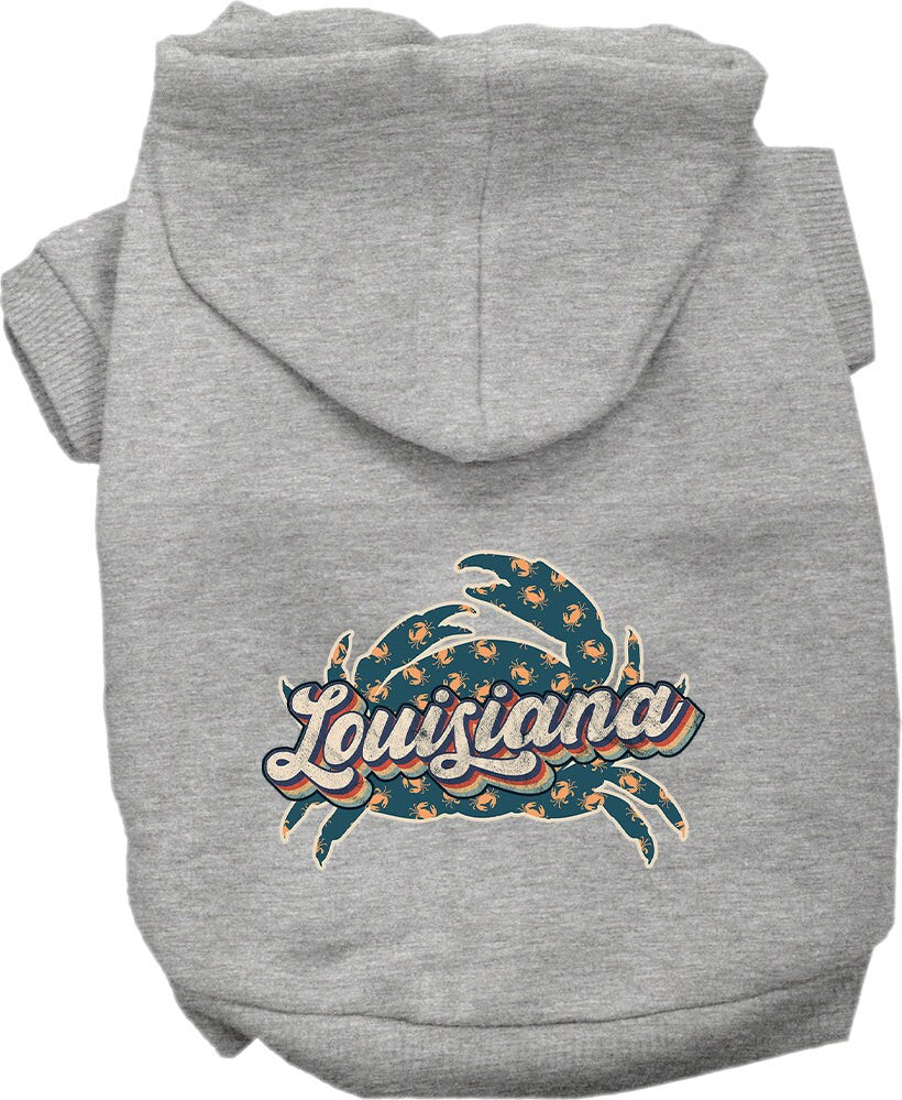 A medium to large pet wearing a soft, stylish hoodie featuring a Louisiana Retro Crabs design, perfect for walks and outdoor activities.