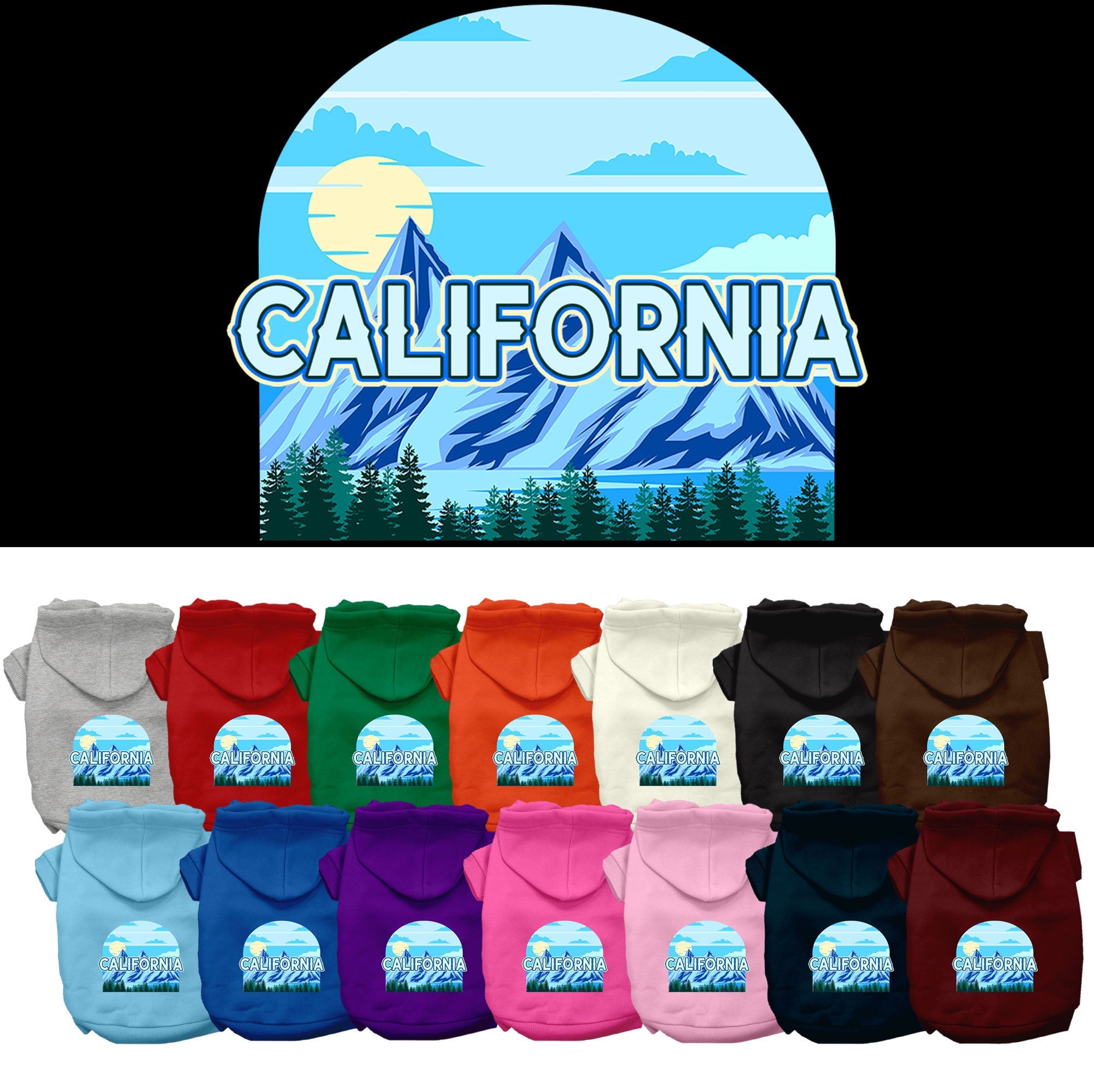 A stylish screen printed hoodie for medium to large pets, featuring the California Trailblazer design, showcasing its soft fabric and convenient leash access hole.