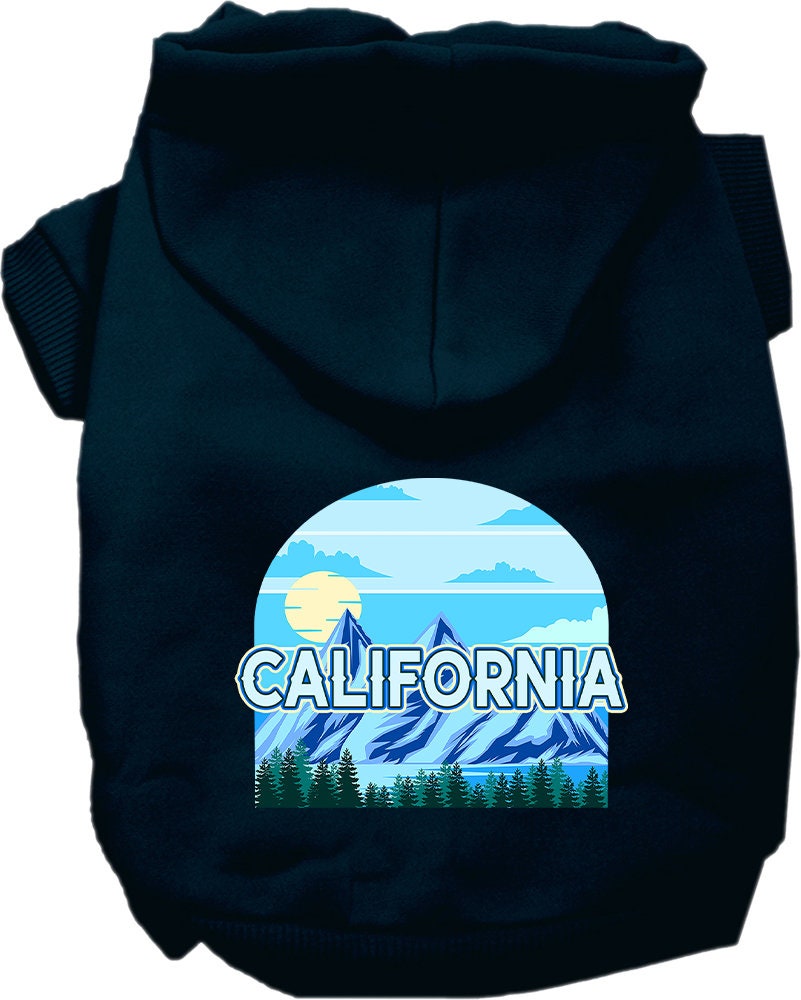 A stylish screen printed hoodie for medium to large pets, featuring the California Trailblazer design, showcasing its soft fabric and convenient leash access hole.