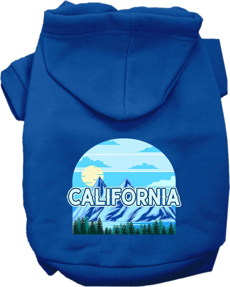 A stylish screen printed hoodie for medium to large pets, featuring the California Trailblazer design, showcasing its soft fabric and convenient leash access hole.