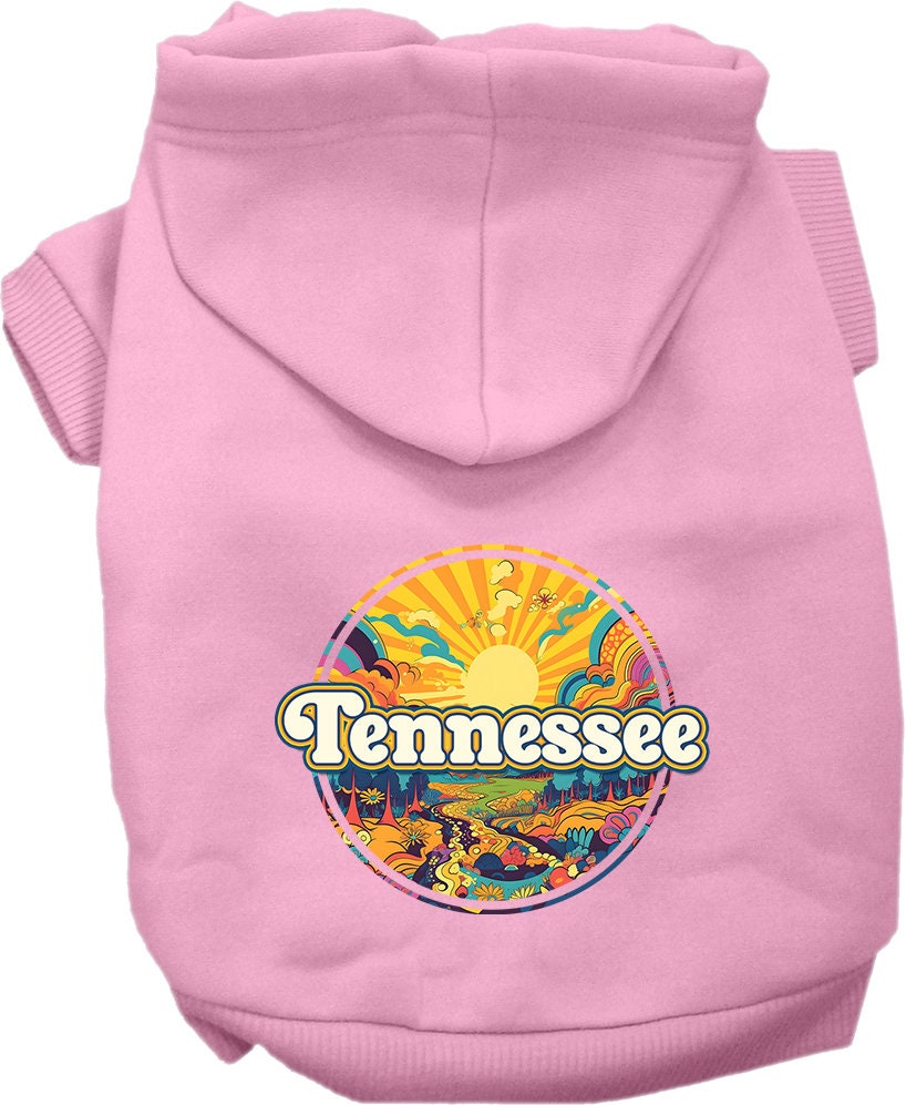 A medium to large pet wearing a soft, stylish hoodie with a Tennessee Trippy Peaks design, showcasing comfort and durability.