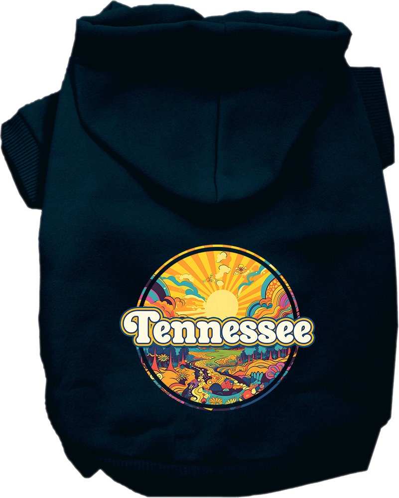 A medium to large pet wearing a soft, stylish hoodie with a Tennessee Trippy Peaks design, showcasing comfort and durability.