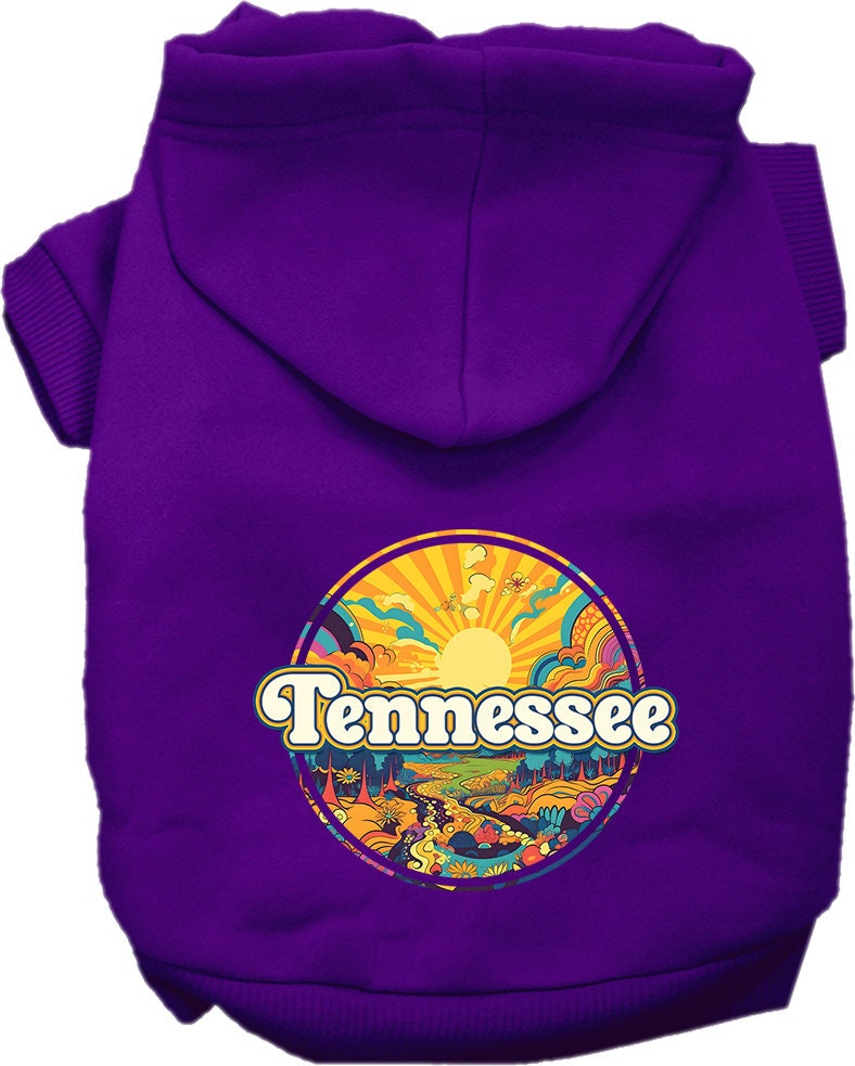 A medium to large pet wearing a soft, stylish hoodie with a Tennessee Trippy Peaks design, showcasing comfort and durability.