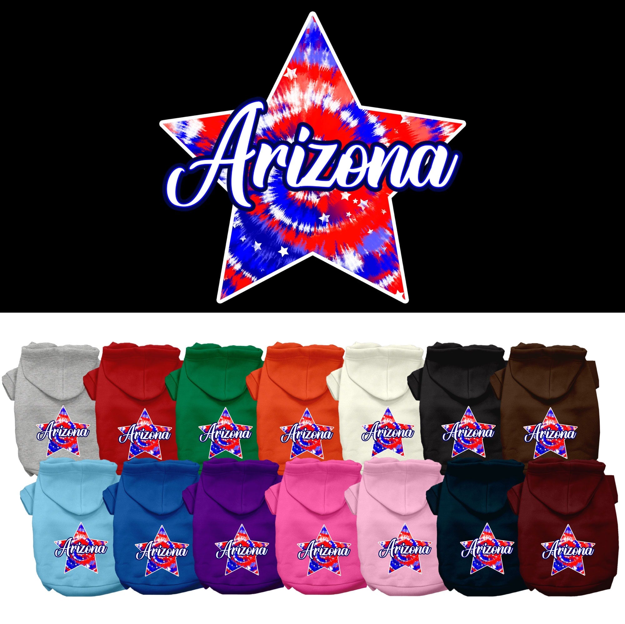 A medium to large pet wearing a soft, warm hoodie with a vibrant Arizona Patriotic Tie Dye design, showcasing its stylish and comfortable fit.