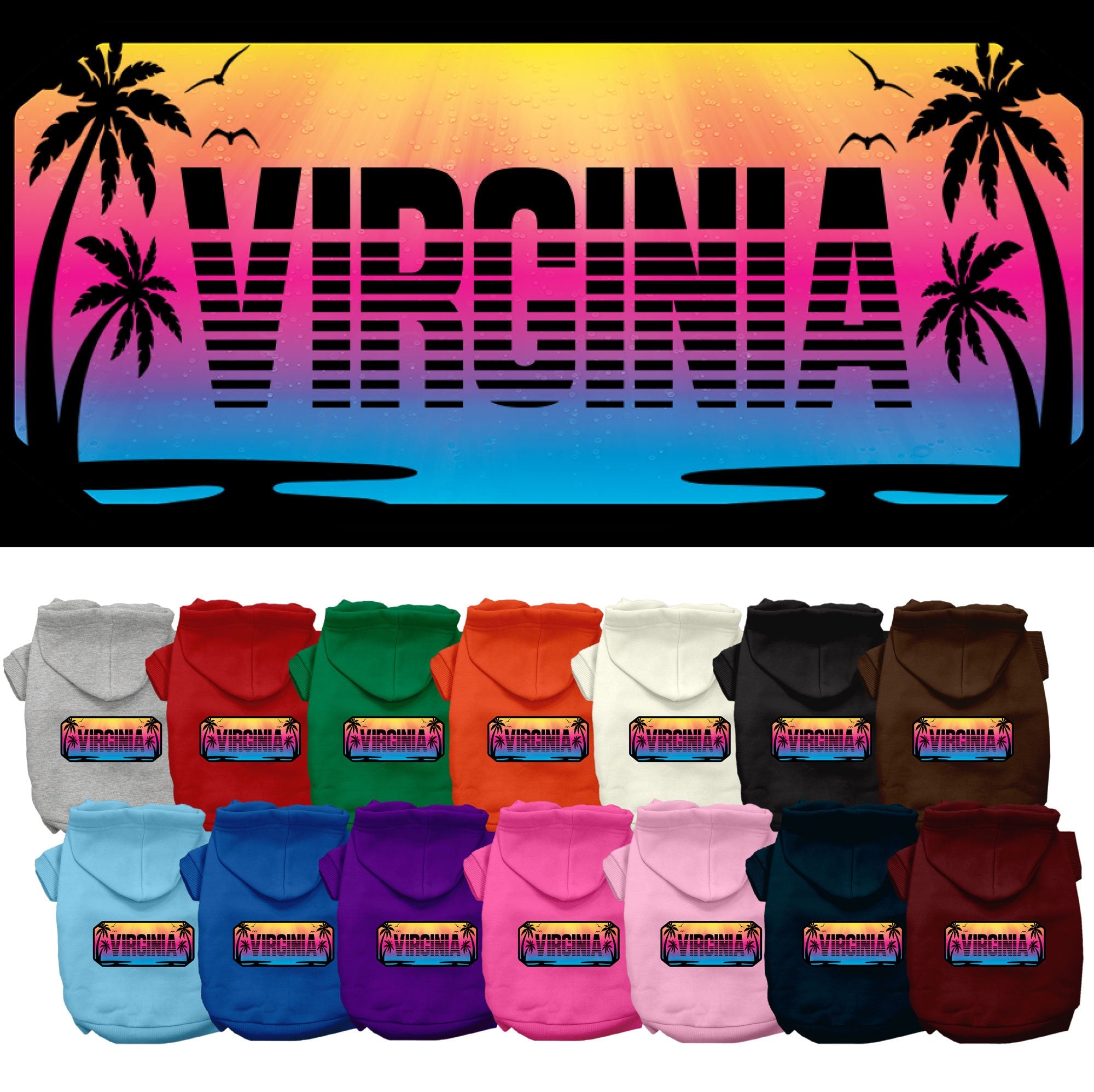 A cozy screen printed hoodie for medium to large pets, featuring a vibrant 'Virginia Beach Shades' design, perfect for stylish outings.